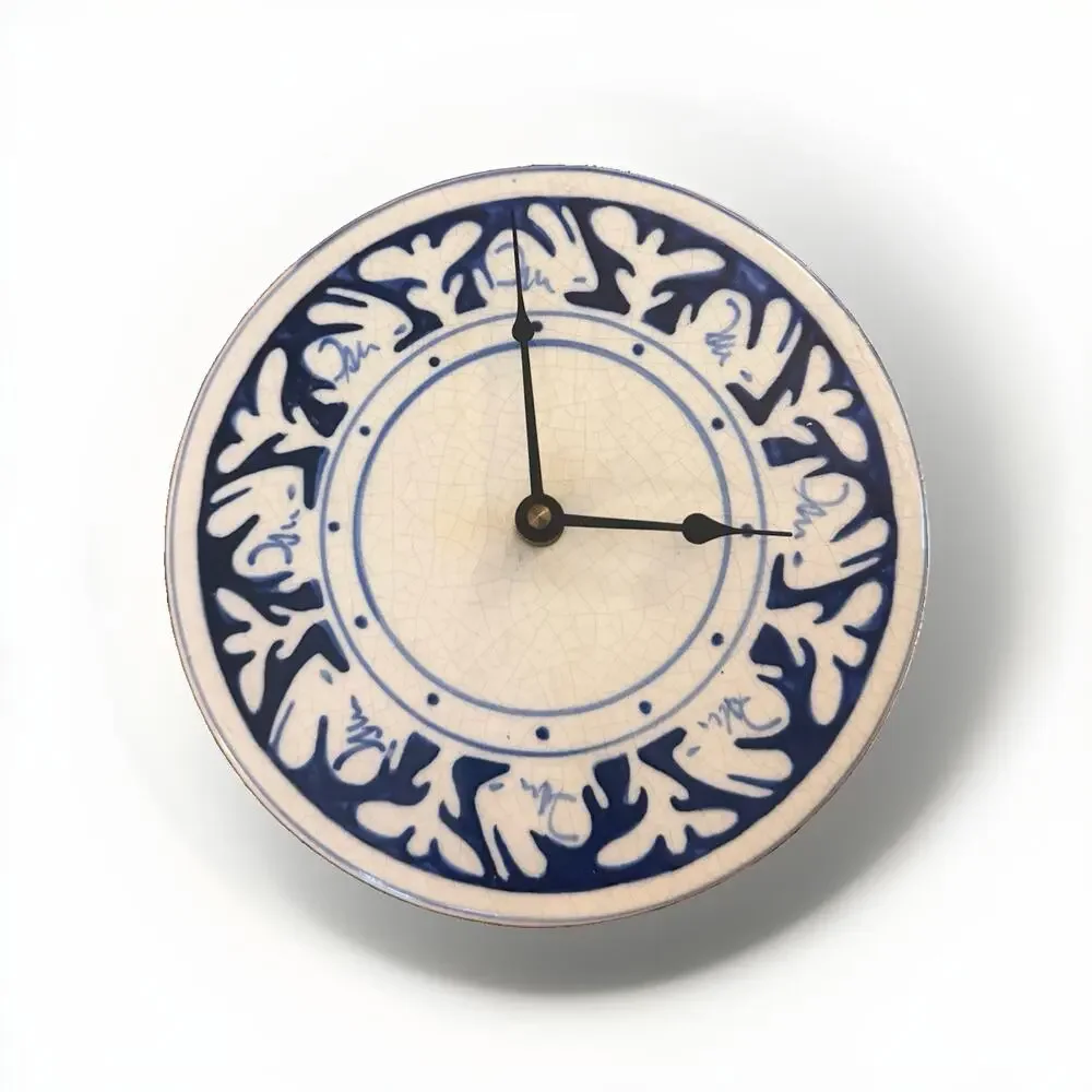 VTG 1988 Nash Pottery Dedham Bunny Clock Plate WORKS Signed NP Blue&White
